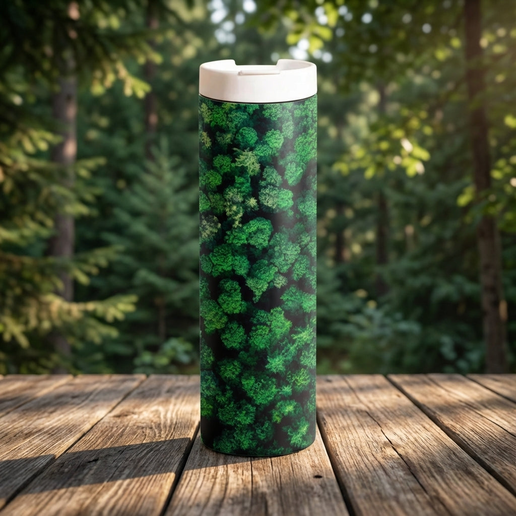 LAMOSE Grouse 20 oz tumbler featuring a textured aerial green forest pattern standing on a weathered wooden deck