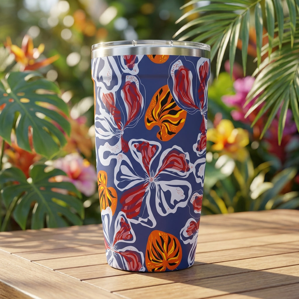 Navy blue stainless steel travel tumbler featuring stylized white flowers and orange tiger-striped leaves sitting on a wooden surface outdoors.