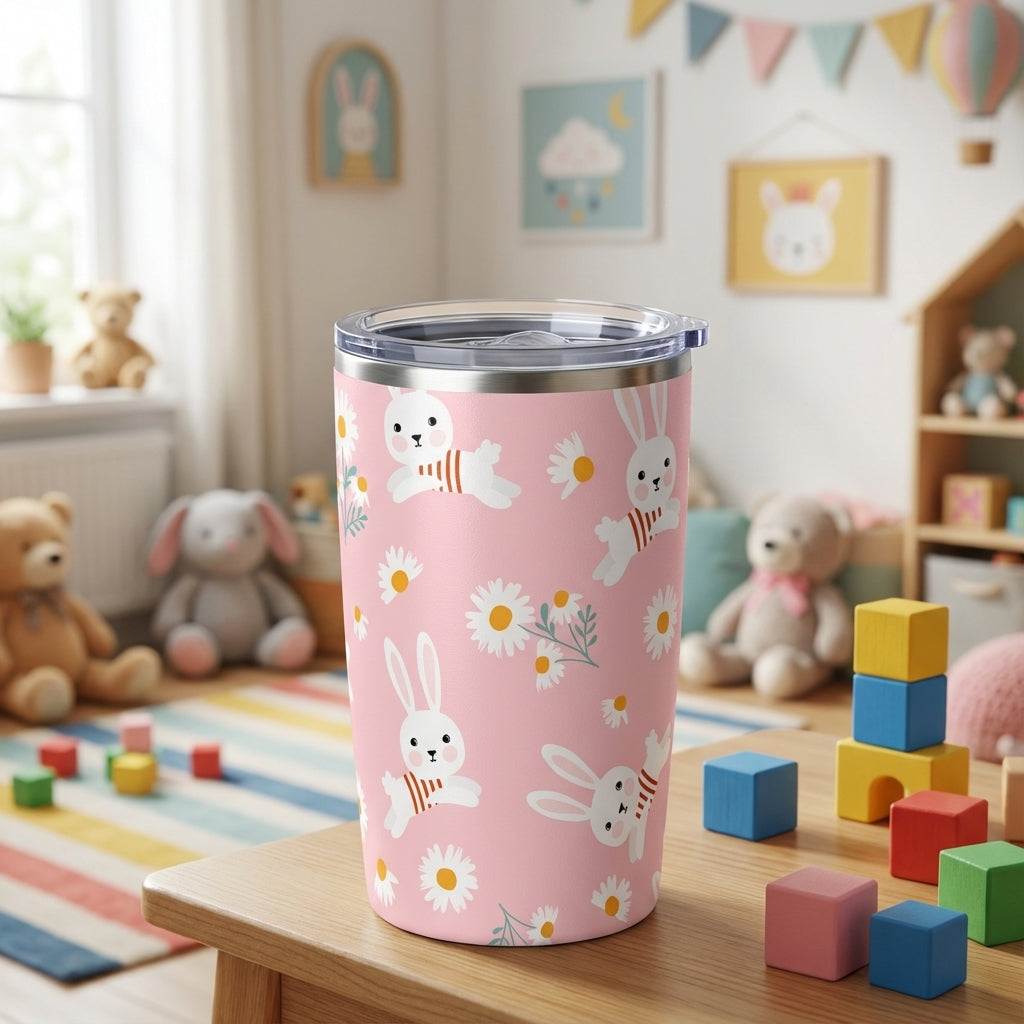 Pink Logan Pro 16oz tumbler featuring a seamless pattern of cartoon white rabbits in striped shirts and white daisies on a wooden surface.