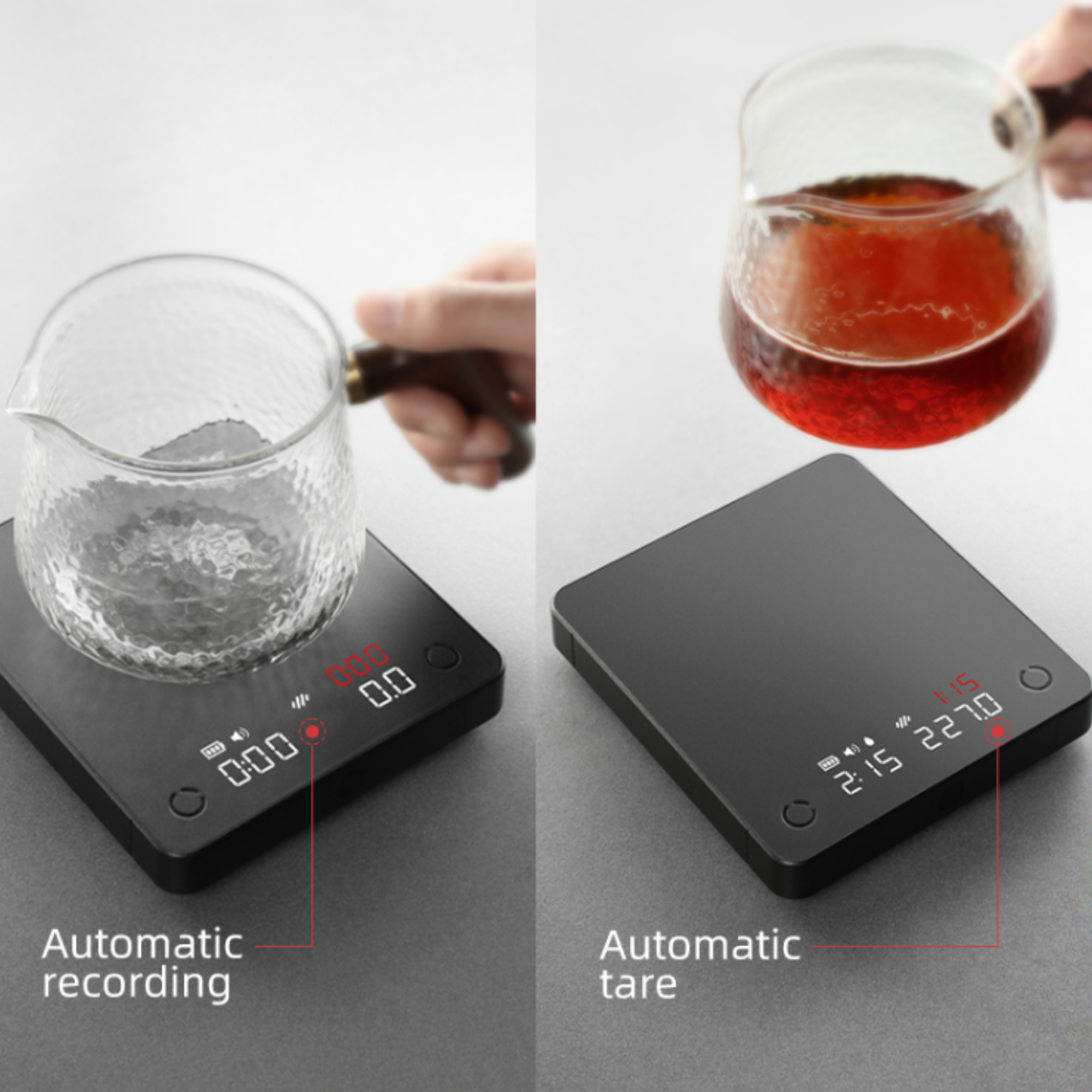 LAMOSE black zeroHero Mini E-Smart Scale with a glass pour-over server, showcasing automatic recording and tare features.