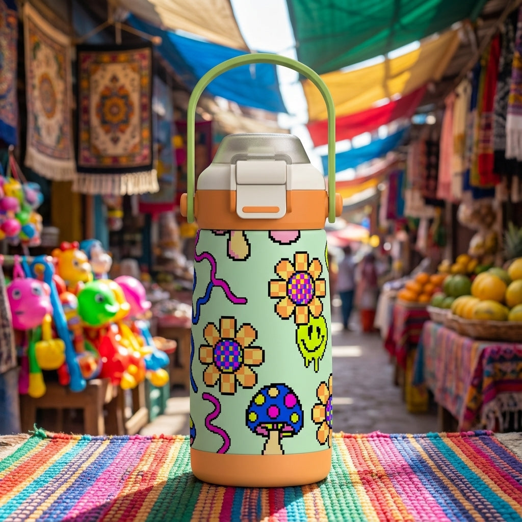 LAMOSE Goose 14oz kids water bottle featuring an orange base and a pixelated pattern of colorful mushrooms, flowers, and melting smiley faces.