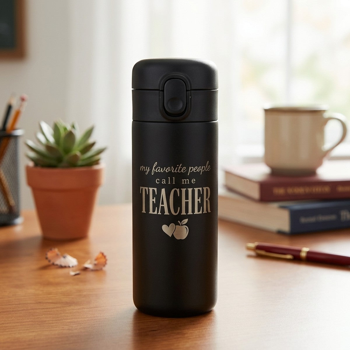 My Favorite People Call Me Teacher Engraved Emerald 12Oz Travel Mug Onyx — personalized teacher appreciation gift engraved in Calgary, Canada