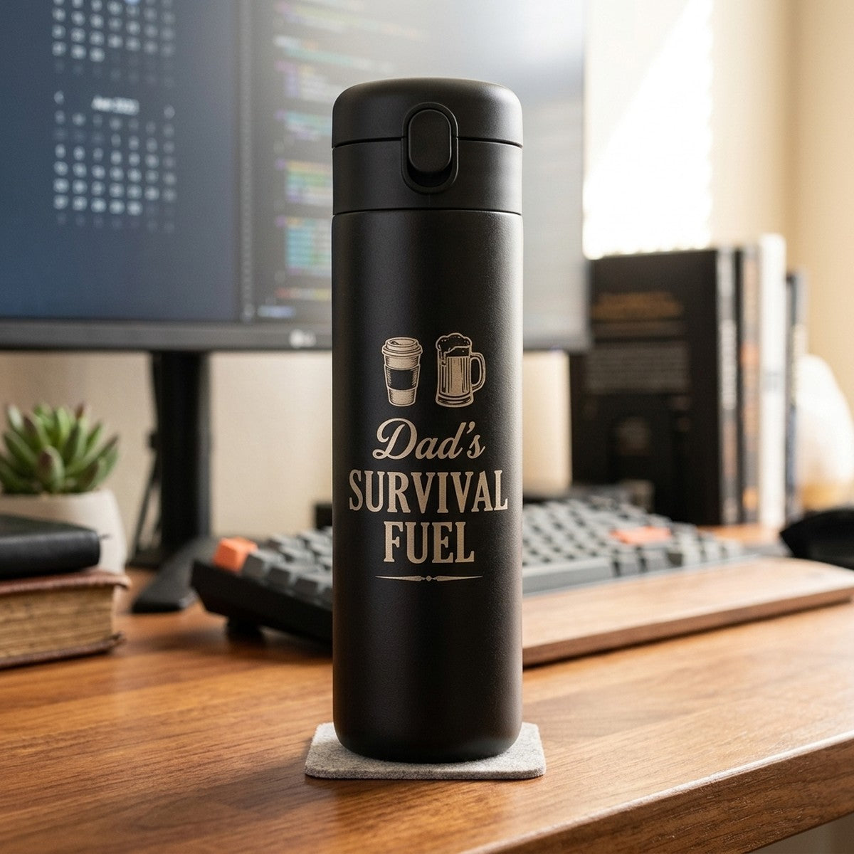 "Dad's Survival Fuel" Funny Engraved Emerald 16oz Tumbler — Onyx
