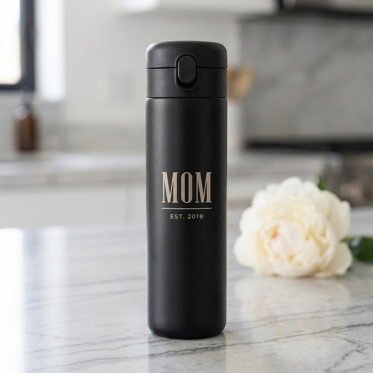 "MOM Est." Minimalist Engraved Emerald 16oz Insulated Tumbler — Onyx — personalized Mother's Day gift engraved in Calgary, Canada