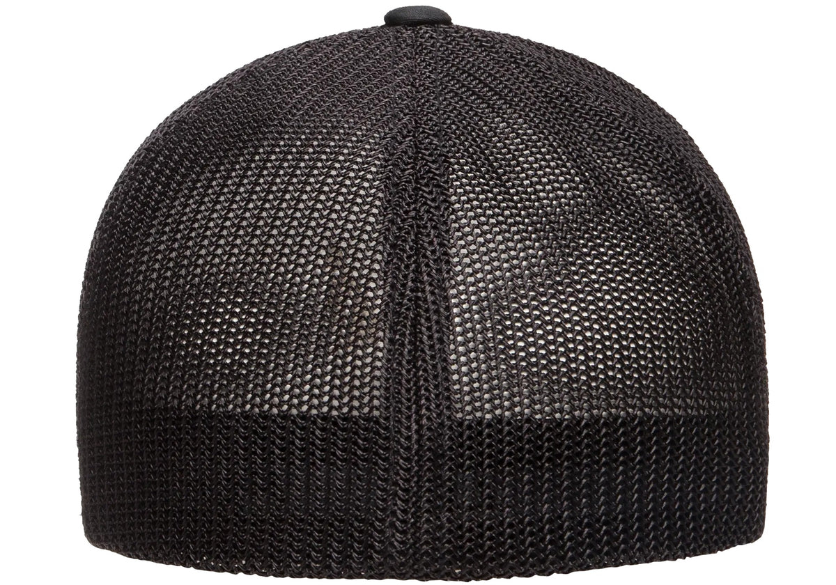 Black Flexfit 6511 trucker mesh cap, stretch-fit mesh back
