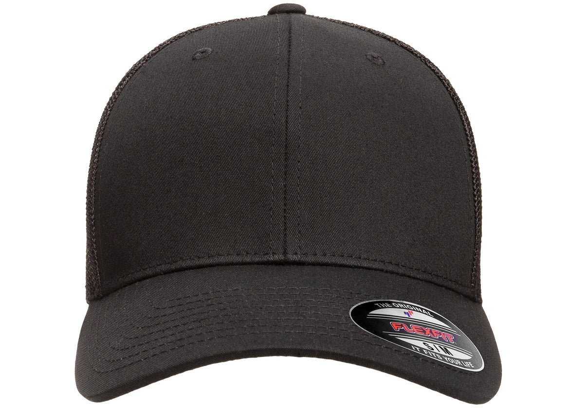 Black Flexfit 6511 trucker mesh cap, front