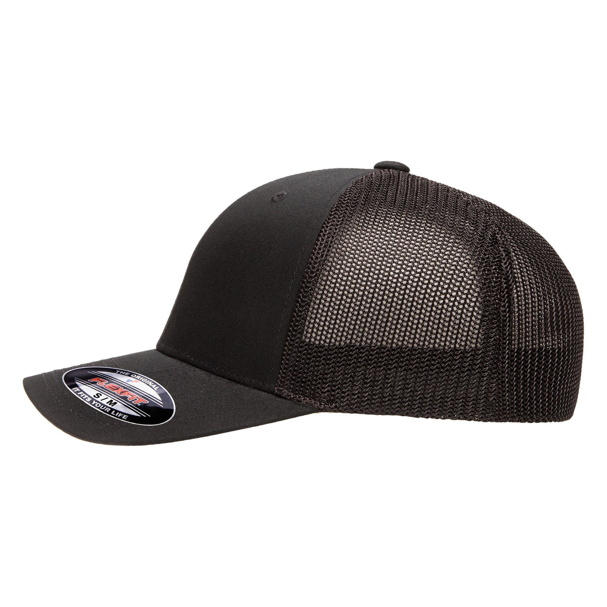 Black Flexfit 6511 trucker mesh cap, side profile showing the mesh