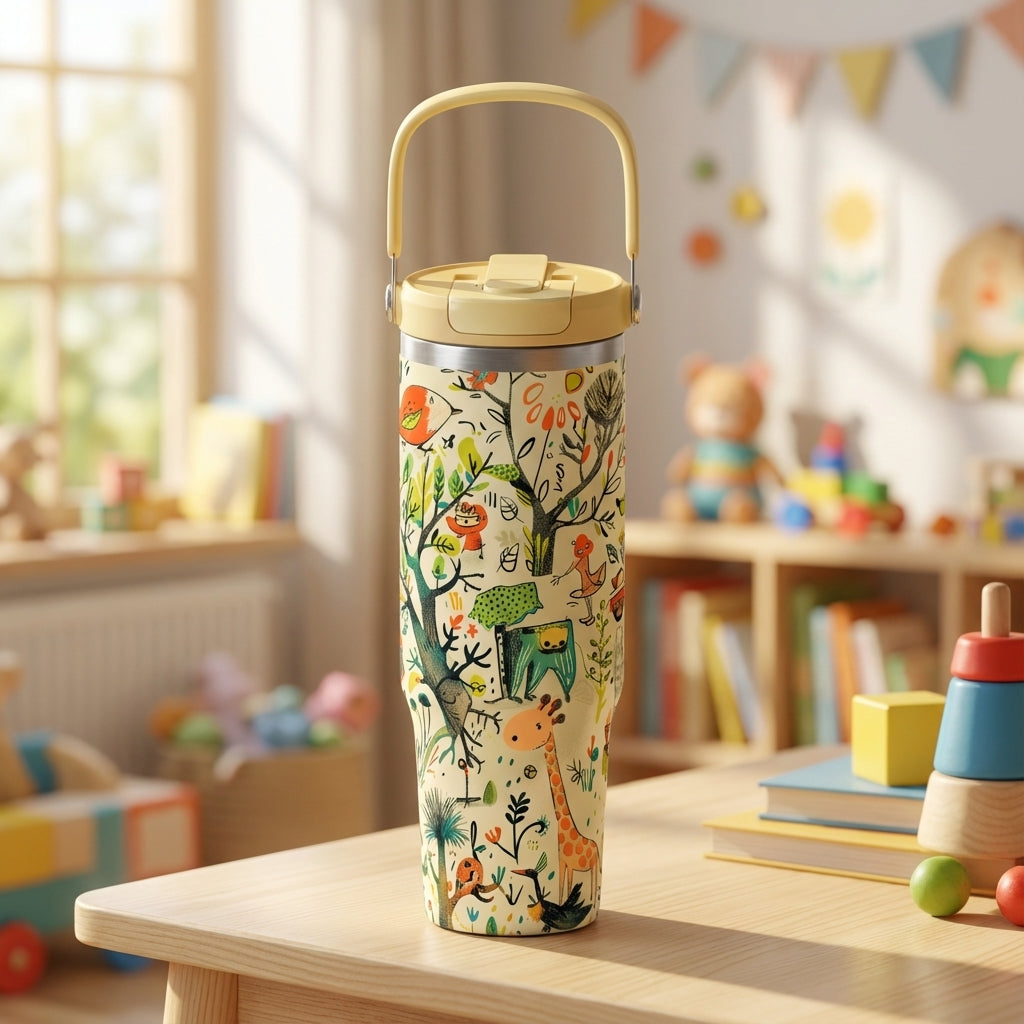 LAMOSE Cascade 40oz tumbler featuring a cream background with illustrated giraffes, monkeys, and green trees, topped with a bright yellow lid and handle.