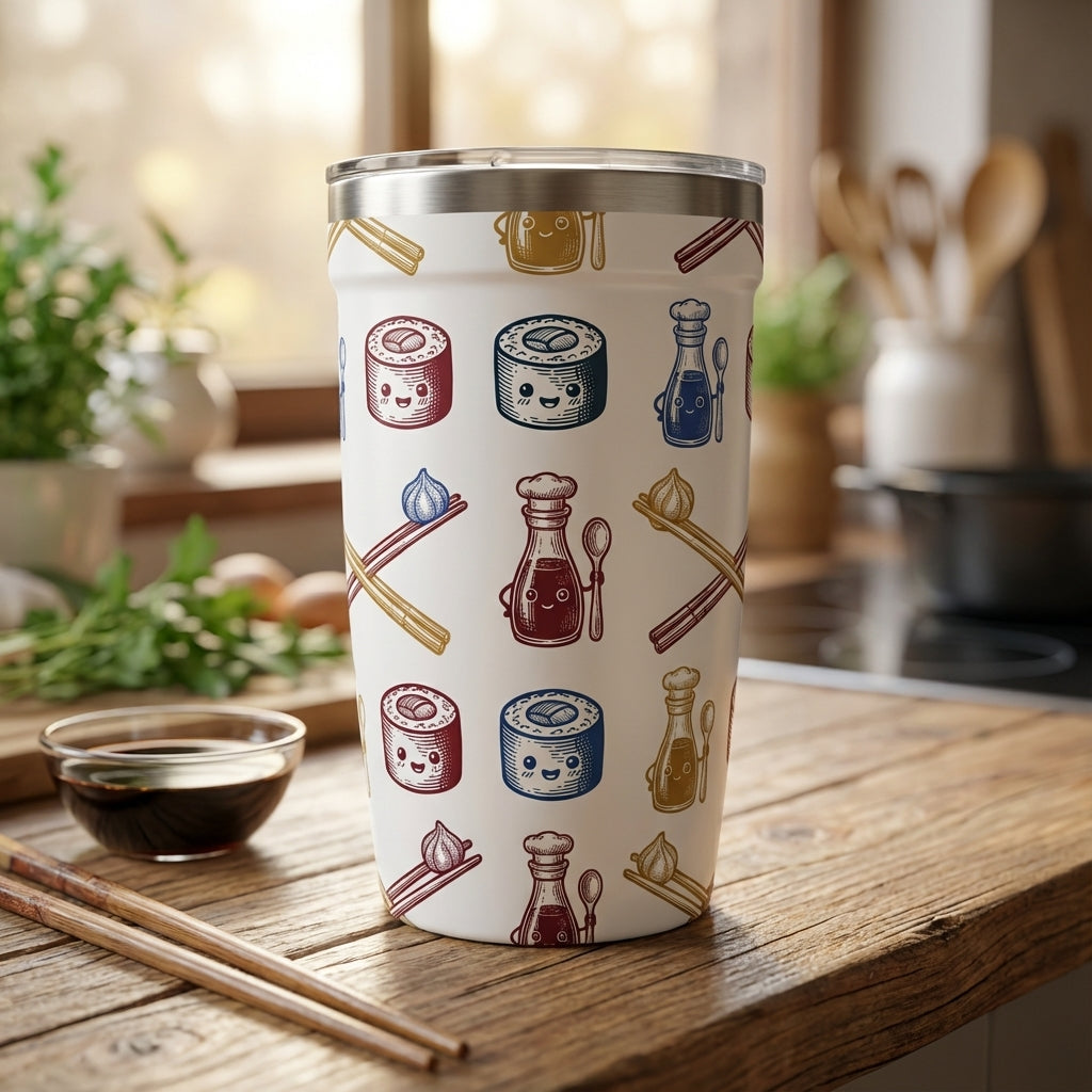 White LAMOSE Peyto 16oz tumbler featuring whimsical cartoon sushi rolls, soy sauce bottles, and garlic with cute smiling faces.