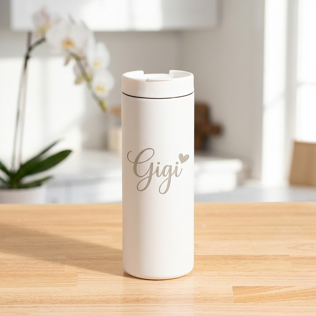 "Gigi" Script Engraved Grouse 16oz Coffee Tumbler — Snow