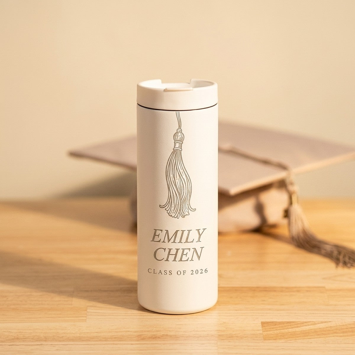 Graduation Tassel + Name Engraved Grouse 16oz Coffee Tumbler — Snow