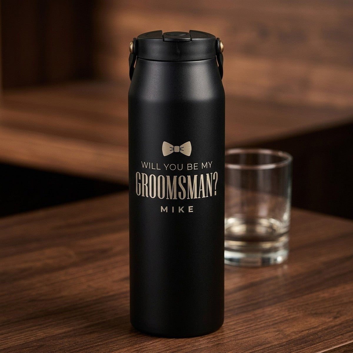 "Will You Be My Groomsman?" Engraved Grouse 34oz Tumbler — Onyx