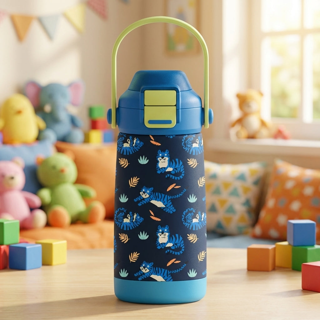 LAMOSE Goose 14 oz kids water bottle featuring a dark blue body with cartoon tiger and leaf pattern, light green handle, surrounded by toys on a textured surface.
