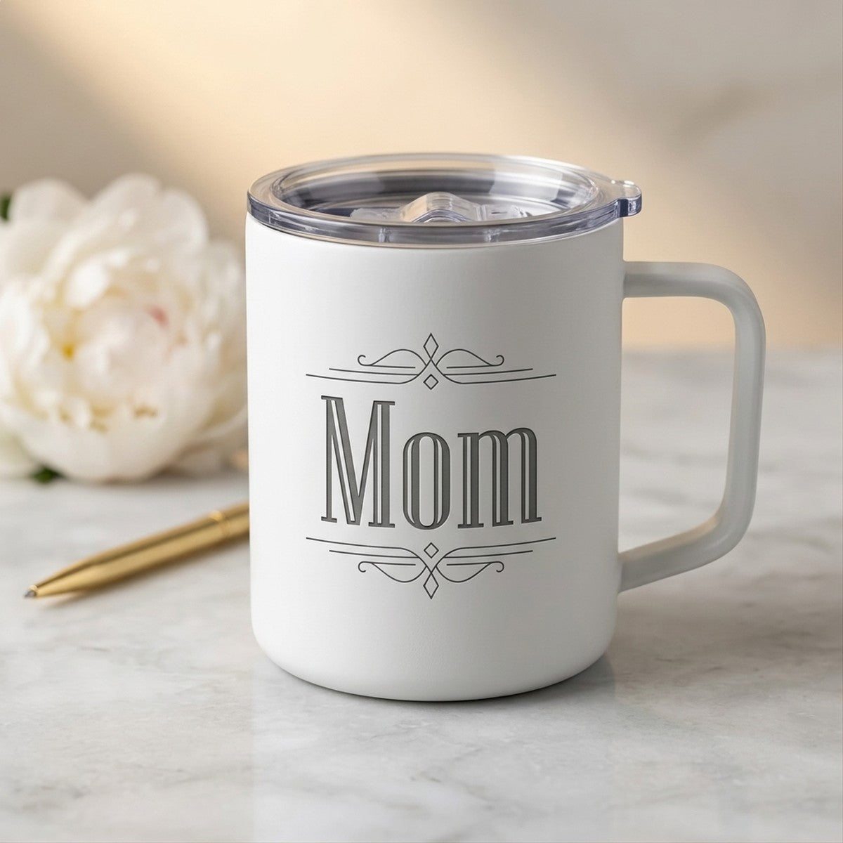 Art Deco "Mom" Debossed Hudson Ceramic 12oz Mug — Snow — personalized Mother's Day gift engraved in Calgary, Canada