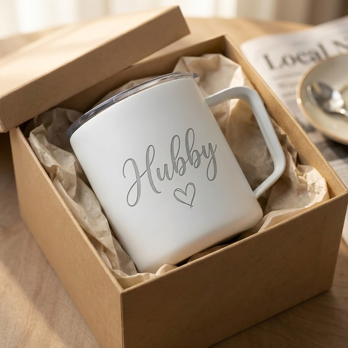 "Hubby" Modern Script Debossed Hudson Ceramic 12oz Mug — Snow