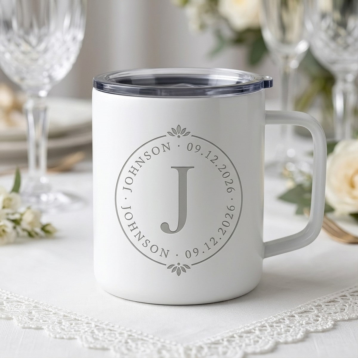 Wedding Monogram Personalized Hudson Ceramic 12oz Mug — Snow