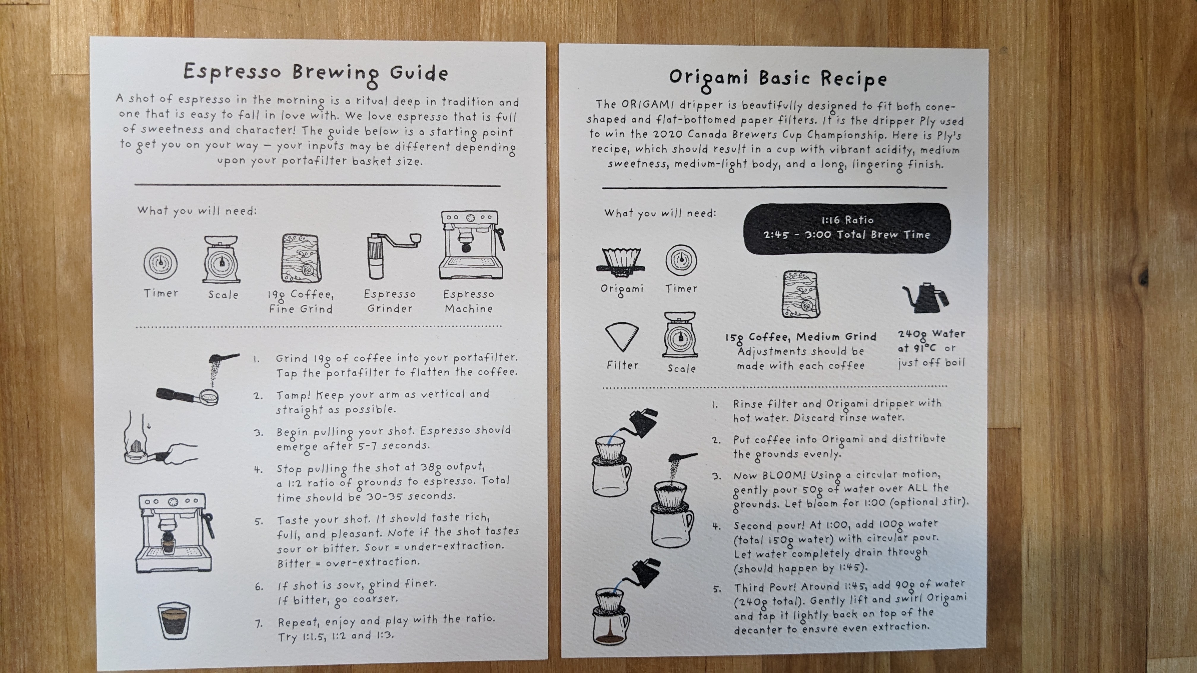 Brew guides for espresso and Origami coffee brewing on white cards, laid flat on a light wood surface. Ideal for LAMOSE drinkware users.