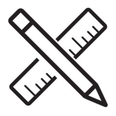 Black outline icon of a pencil crossed with a ruler, symbolizing custom item personalization and design services for LAMOSE drinkware.