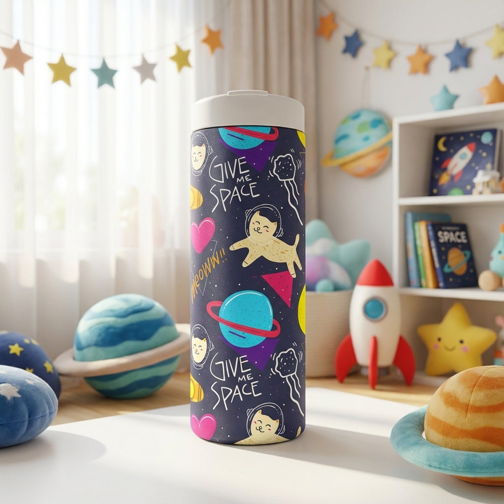 Navy blue 16 oz insulated tumbler featuring a pattern of cats in space helmets, planets, stars, jellyfish, and 'GIVE ME SPACE' text.