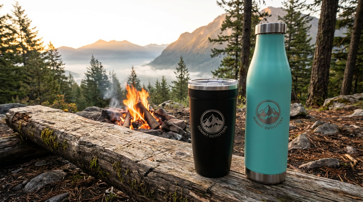 LAMOSE tumblers with outdoor adventure logo at campsite