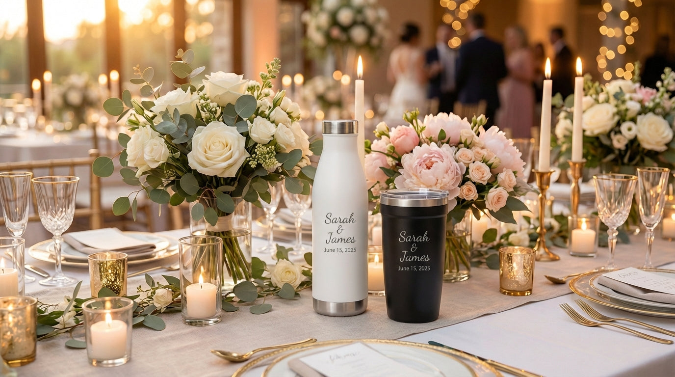 LAMOSE drinkware with couple names and wedding date laser engraved