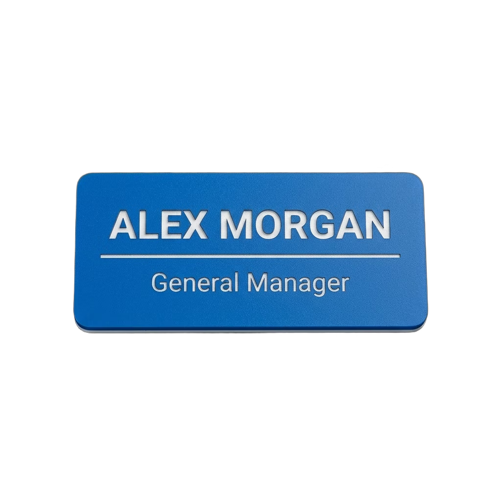 Church & Ministry Name Tag — Pastor / Staff / Greeter (Custom) in Blue / White — LAMOSE custom laser-engraved professional name tag, Trotec Trolase two-layer acrylic laminate (1.5 × 3 in.), made in Calgary, Canada since 2017.