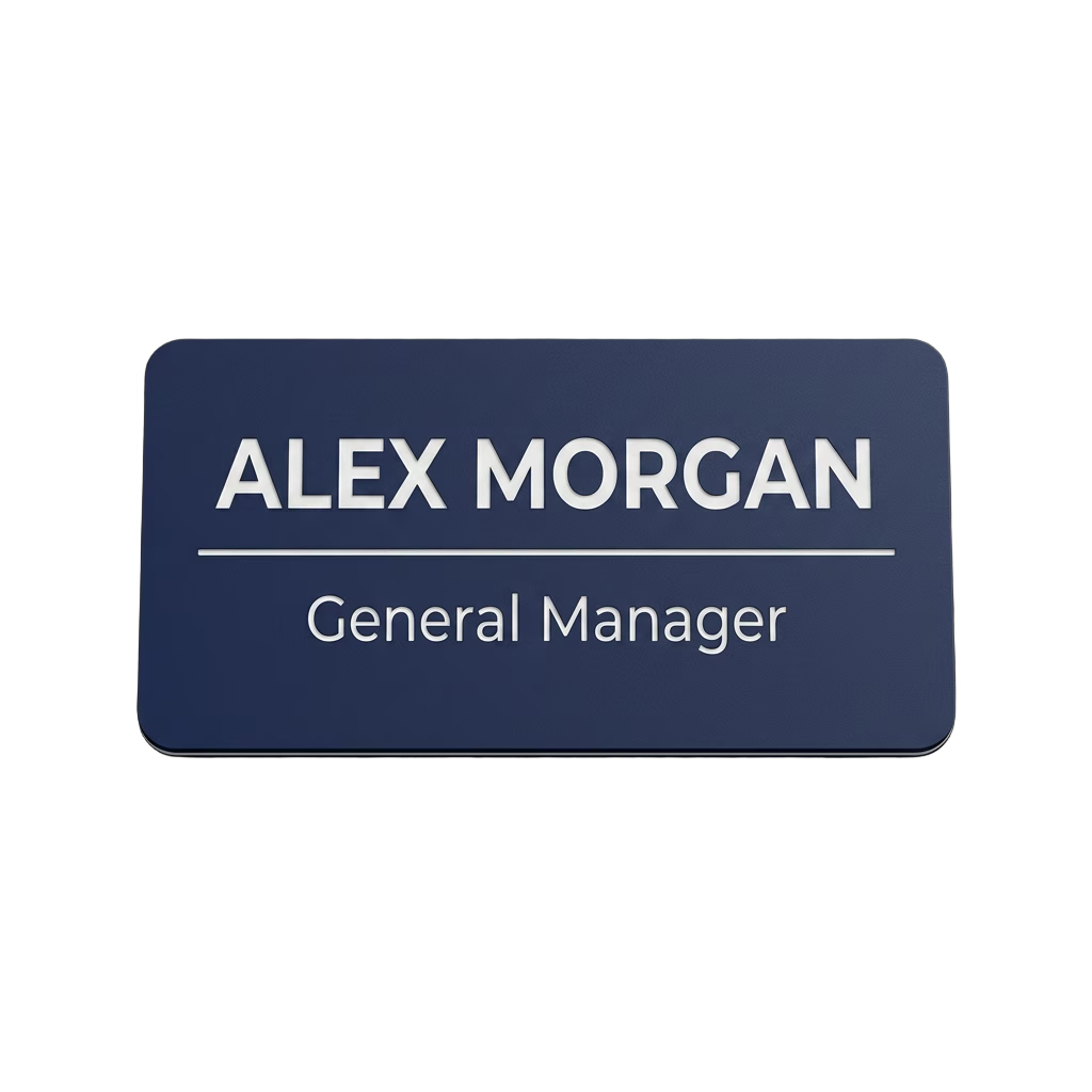 Church & Ministry Name Tag — Pastor / Staff / Greeter (Custom) in Navy Blue / White — LAMOSE custom laser-engraved professional name tag, Trotec Trolase two-layer acrylic laminate (1.5 × 3 in.), made in Calgary, Canada since 2017.