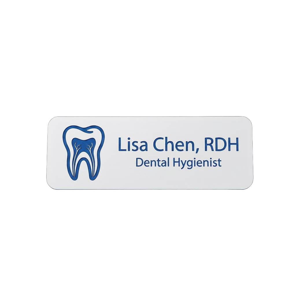 Dental Office Name Tag — Hygienist / Assistant / Dentist (Custom) in White / Blue — LAMOSE custom laser-engraved professional name tag, Trotec Trolase two-layer acrylic laminate (1.5 × 3 in.), made in Calgary, Canada since 2017.