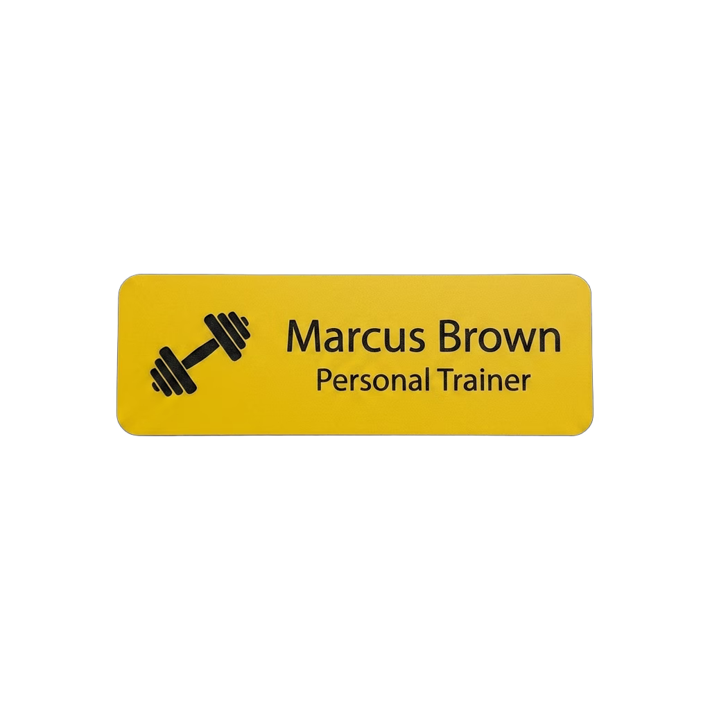 Fitness / Gym Name Tag — Personal Trainer / Coach / Front Desk (Custom) in Yellow / Black — LAMOSE custom laser-engraved professional name tag, Trotec Trolase two-layer acrylic laminate (1.5 × 3 in.), made in Calgary, Canada since 2017.