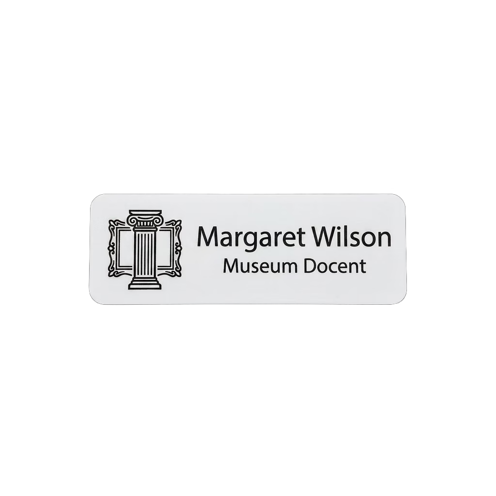 Museum / Gallery Docent Name Tag — Staff Identification (Custom) in White / Black — LAMOSE custom laser-engraved professional name tag, Trotec Trolase two-layer acrylic laminate (1.5 × 3 in.), made in Calgary, Canada since 2017.