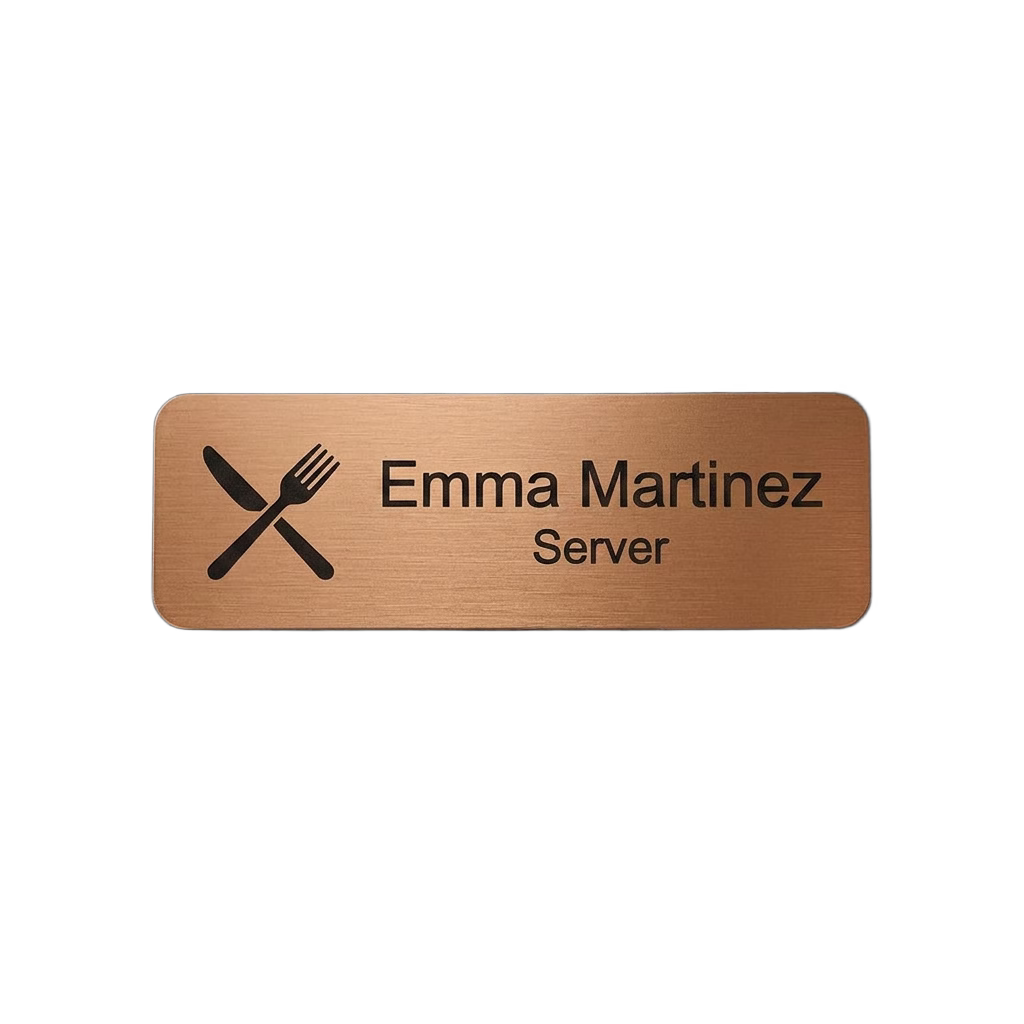 Restaurant Server & Staff Name Tag — Front of House (Custom) in Brushed Copper / Black — LAMOSE custom laser-engraved professional name tag, Trotec Trolase two-layer acrylic laminate (1.5 × 3 in.), made in Calgary, Canada since 2017.