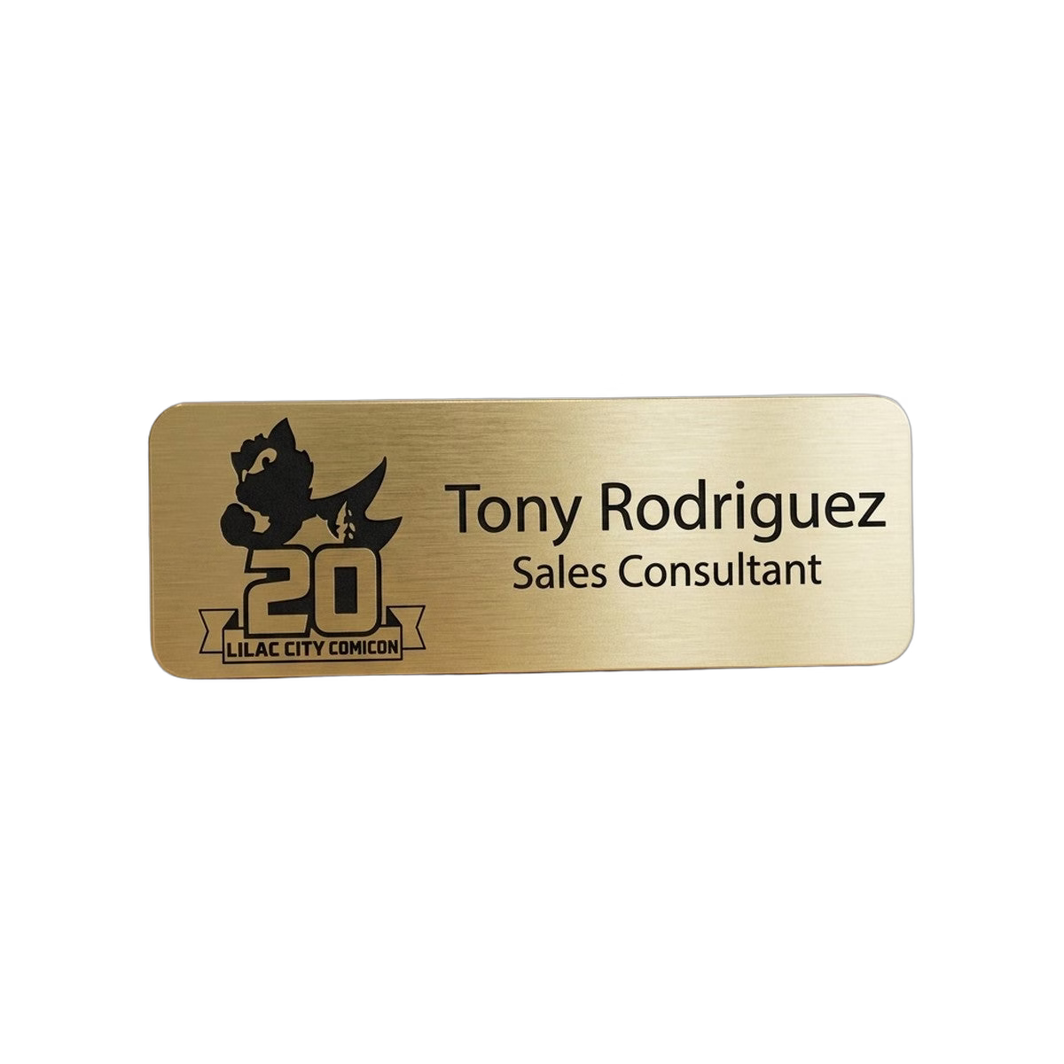 Auto Dealership Name Tag — Sales / Service / Finance (Custom) — LAMOSE custom laser-engraved professional name tag, Trotec Trolase two-layer acrylic laminate (1.5 × 3 in.) in Brushed Gold with Black engraving, made in Calgary, Canada since 2017.