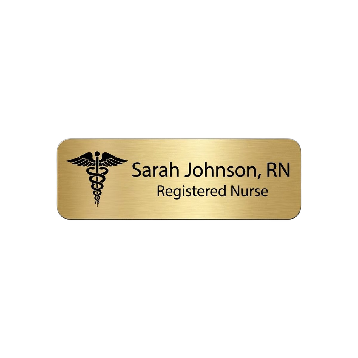 Healthcare Name Tag — Nurse / RN / Medical Staff (Custom Engraved) — LAMOSE custom laser-engraved professional name tag, Trotec Trolase two-layer acrylic laminate (1.5 × 3 in.) in Brushed Gold with Black engraving, made in Calgary, Canada since 2017.