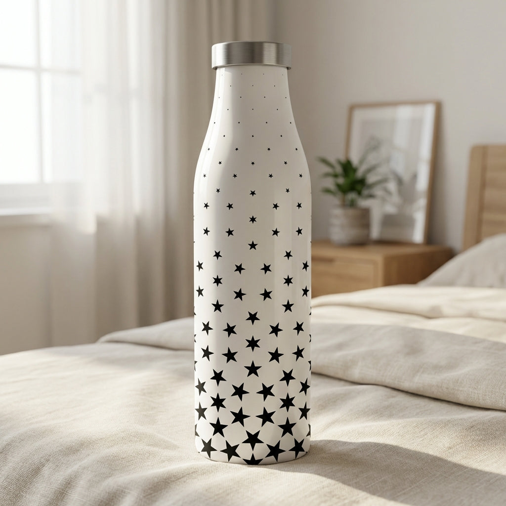 White LAMOSE Robson 21 oz bottle featuring a black star pattern fading from dense at the bottom to sparse at the top with a stainless steel cap