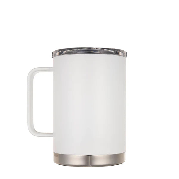 Matte white insulated stainless steel mug with a handle and a clear spill-resistant lid, designed to keep beverages hot or cold for hours.