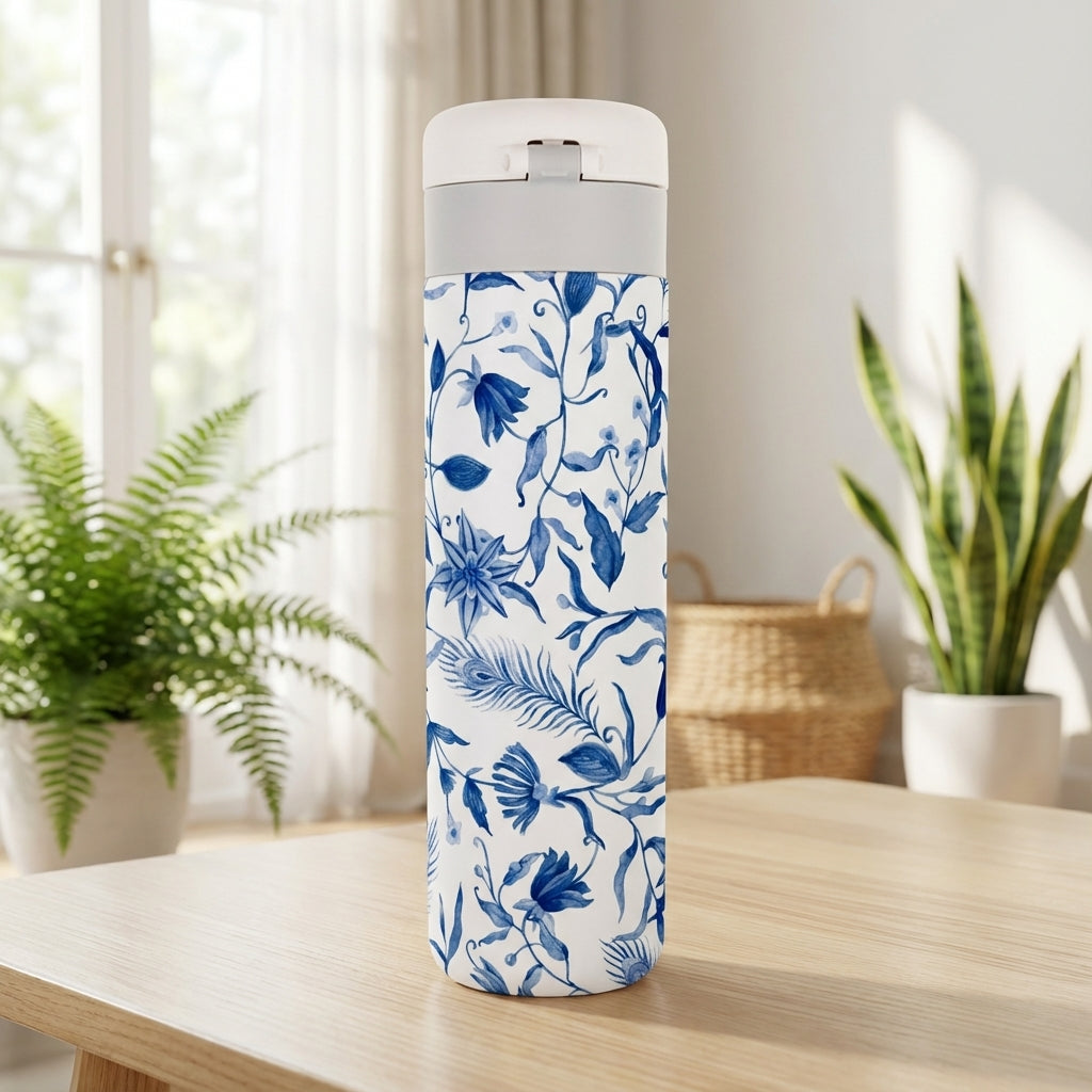 White 16 oz travel tumbler featuring intricate blue floral patterns, leaves, and peacock feathers with a spill-proof lid