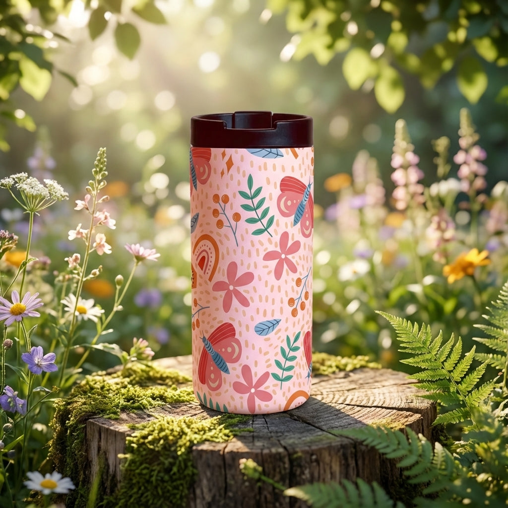 Grouse 12 oz insulated tumbler in light pink featuring a pattern of red butterflies, pink flowers, green leaves, and orange rainbows.
