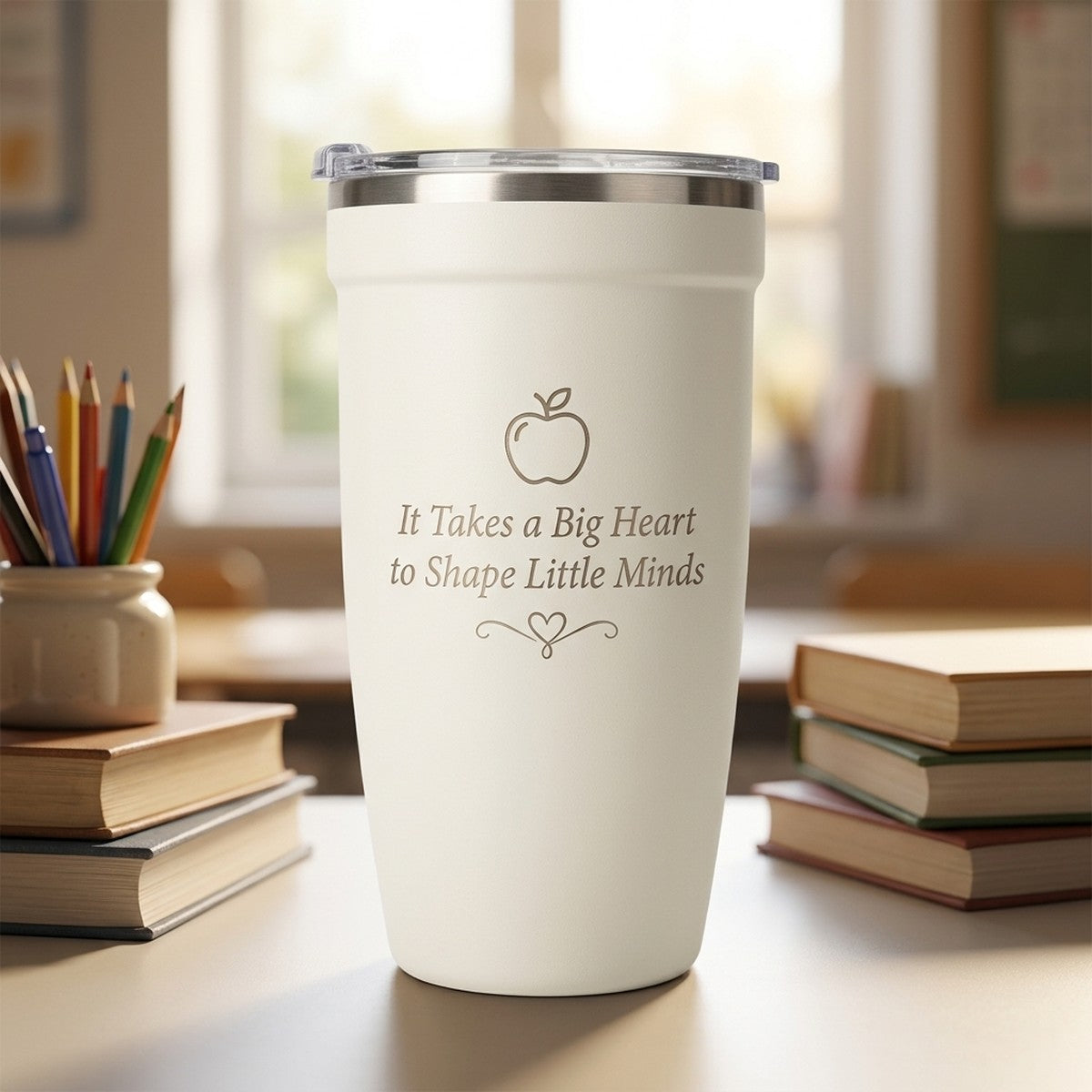 It Takes A Big Heart To Shape Little Minds Engraved Peyto 16Oz Tumbler Snow — personalized teacher appreciation gift engraved in Calgary, Canada