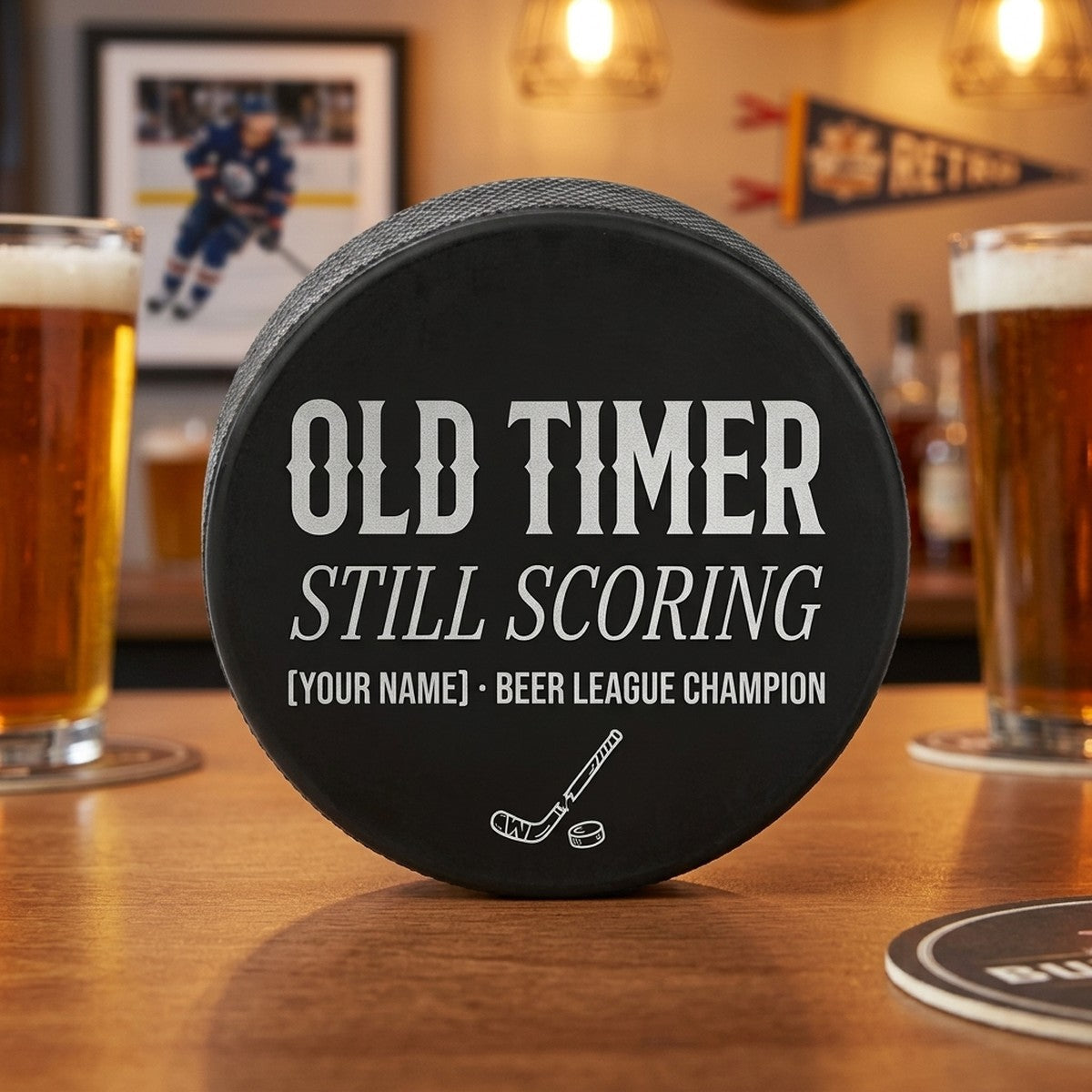 "Old Timer · Still Scoring" Beer League Hockey Puck
