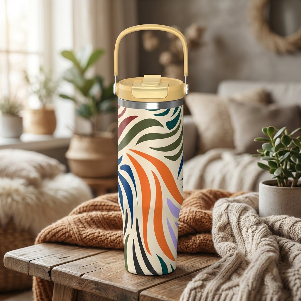 LAMOSE Cascade 40 oz tumbler featuring a cream base with abstract organic shapes in green, orange, and blue, sitting in a sunlit room.