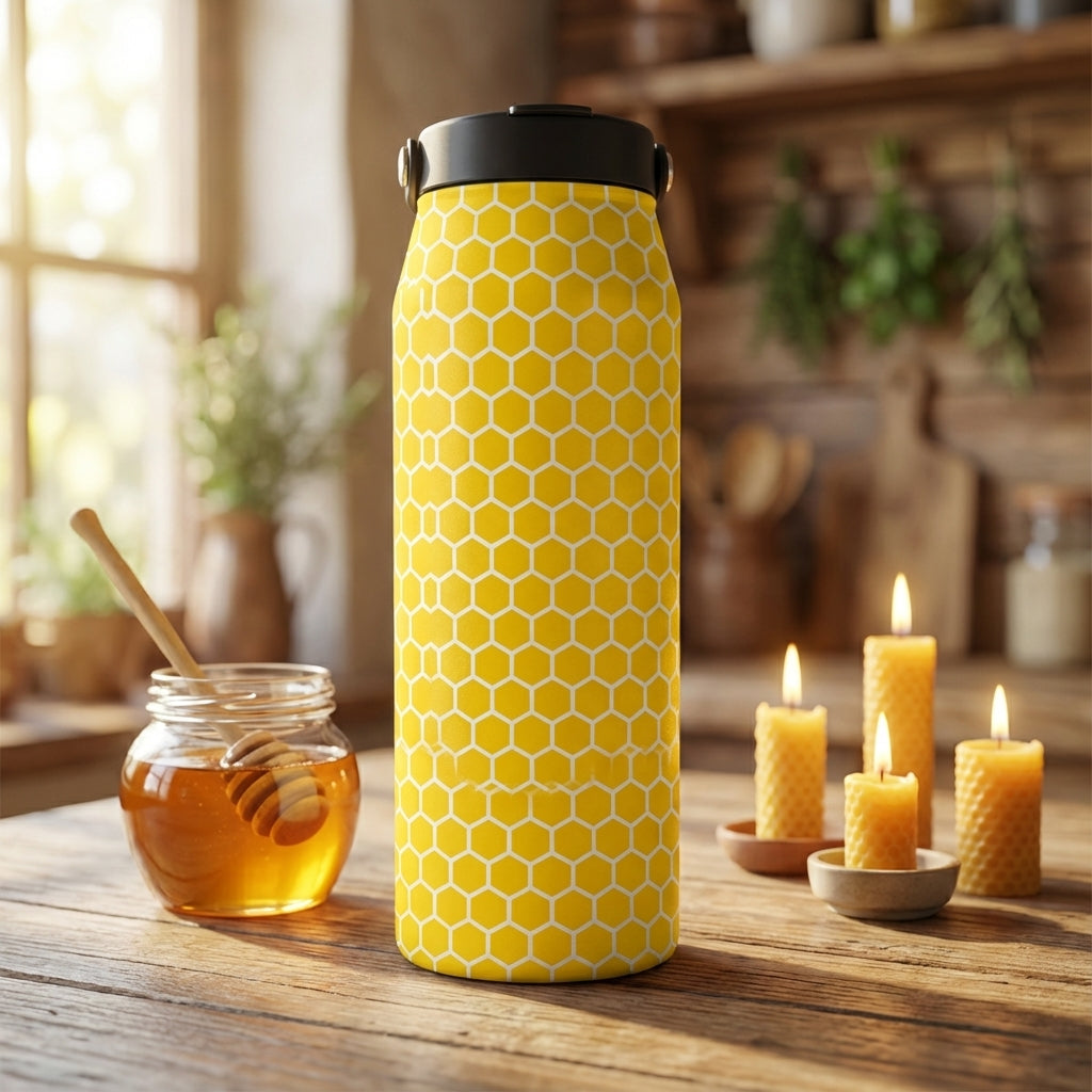 LAMOSE Grouse 34 oz yellow insulated tumbler featuring a white honeycomb geometric pattern, standing on a rustic wooden table next to a jar of honey.