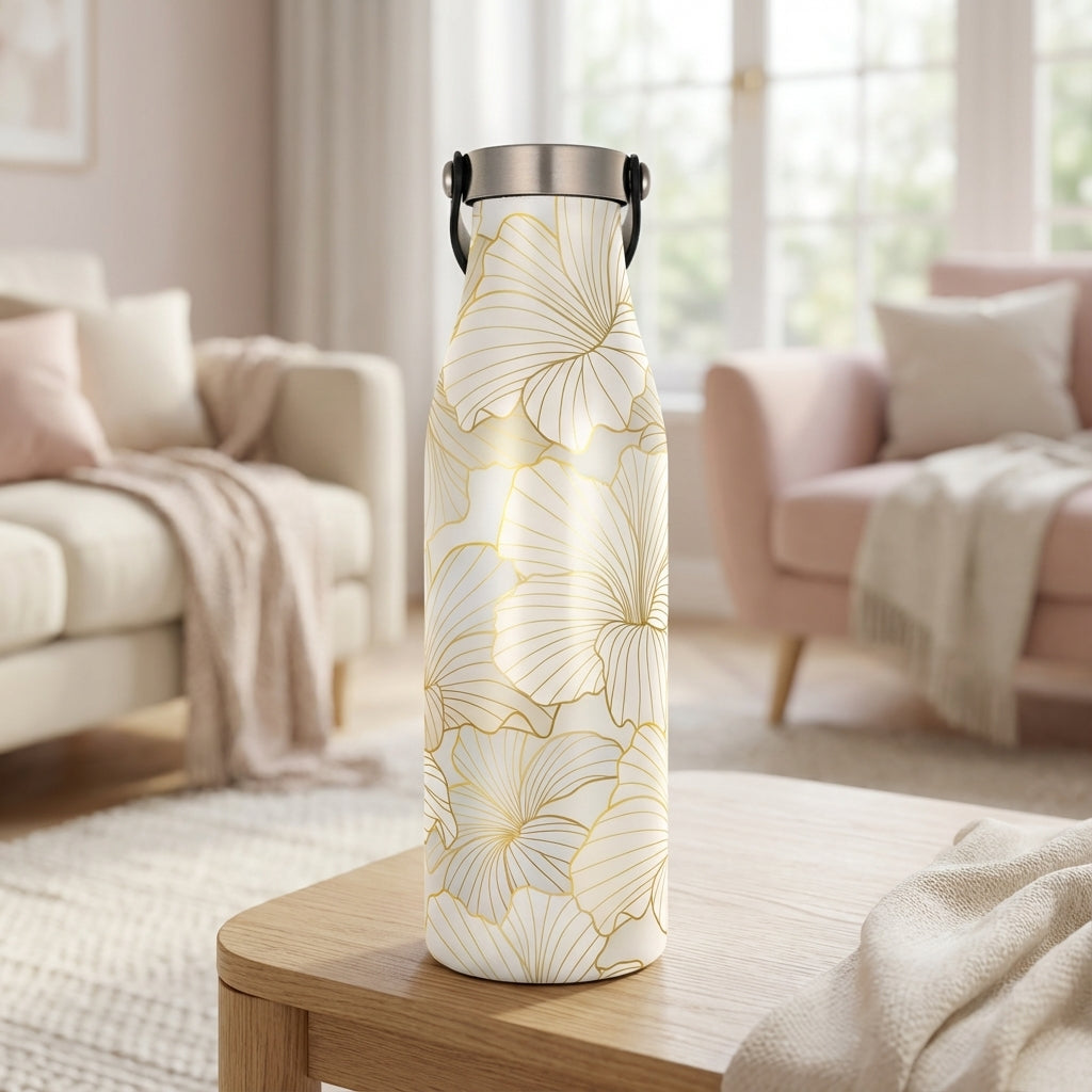 Close up of Robson 21 oz water bottle featuring white glossy finish with intricate gold floral outline pattern and black handle