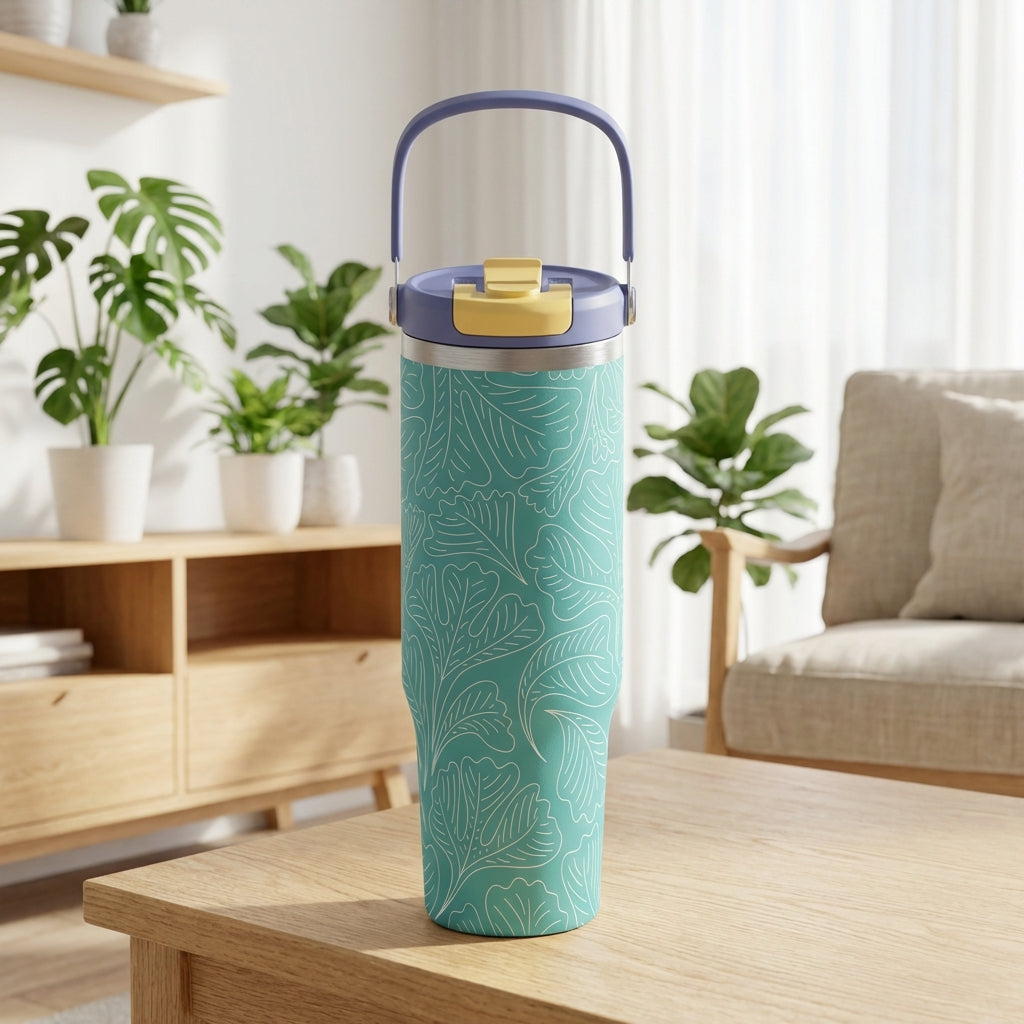 Cascade 40oz insulated tumbler in teal with white leaf pattern sitting on a wooden table surrounded by indoor plants.