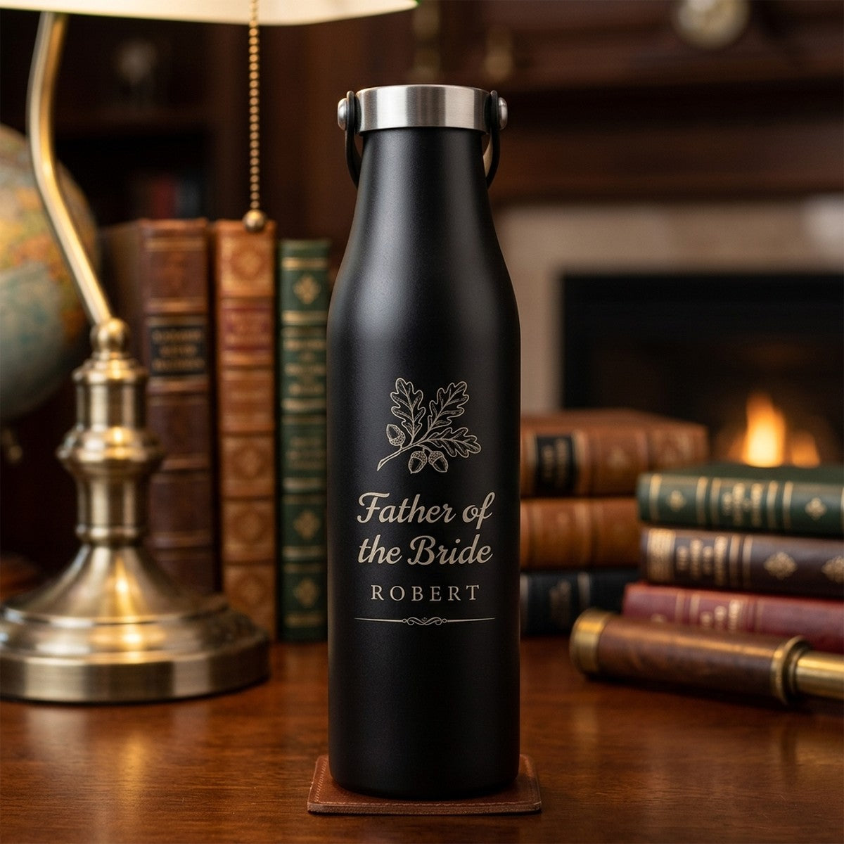 "Father of the Bride" Oak Leaf Engraved Robson 28oz Bottle — Onyx