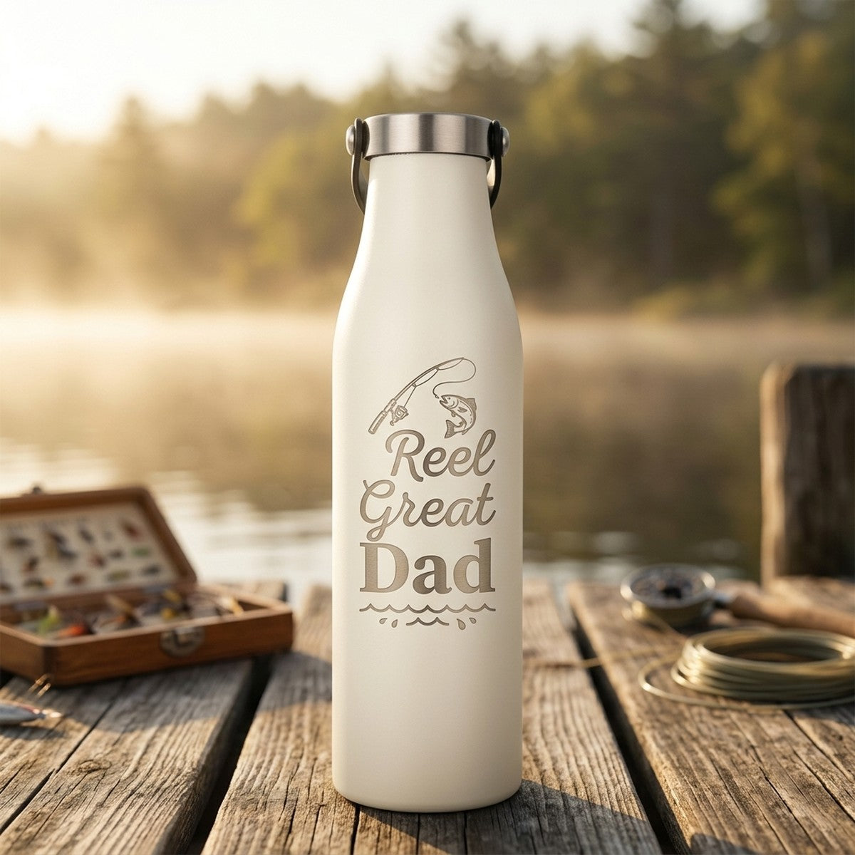 "Reel Great Dad" Fishing Engraved Robson 28oz Insulated Bottle — Snow
