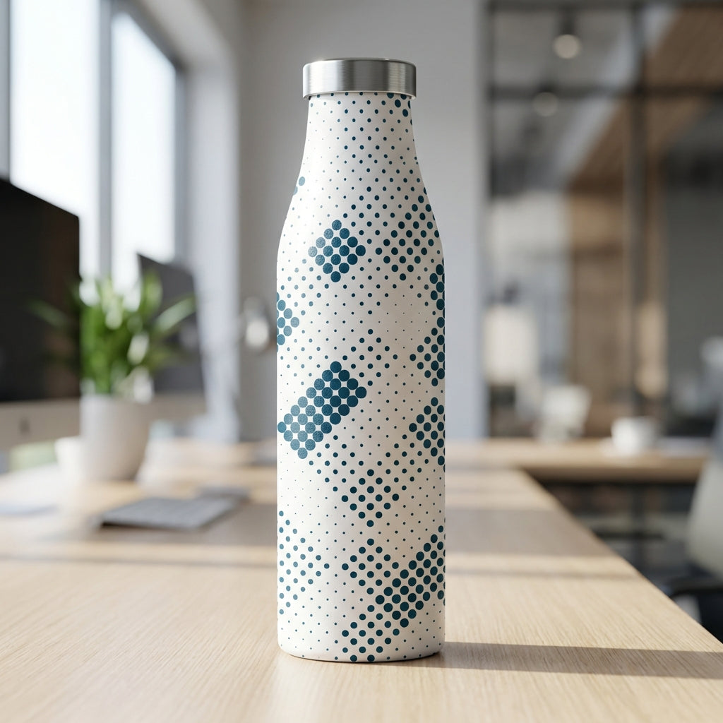 Robson 21 oz stainless steel water bottle in white featuring a diagonal pattern of clustered dark blue dots and a silver metal cap.