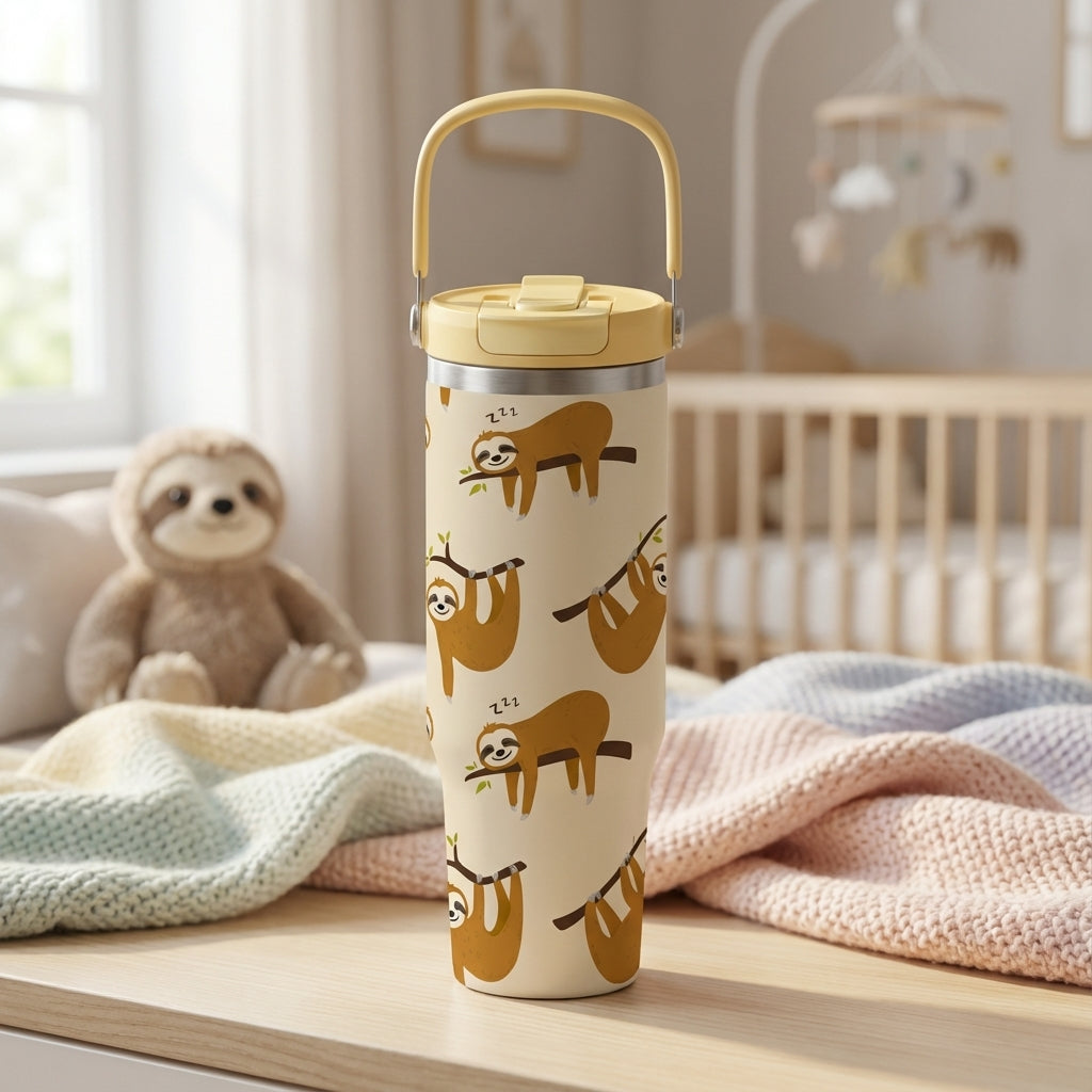 Cream 40oz stainless steel tumbler featuring cartoon sleeping sloths on branches with soft yellow lid and handle standing on a nursery side table.