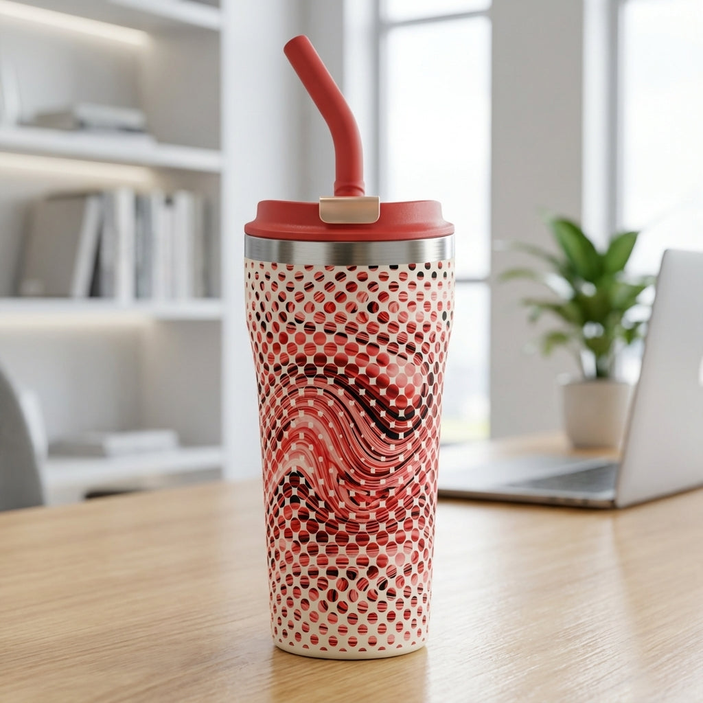 White LAMOSE Bow 16oz tumbler featuring abstract red dots and wavy black lines with a matching red lid and straw sitting on a creative office desk.