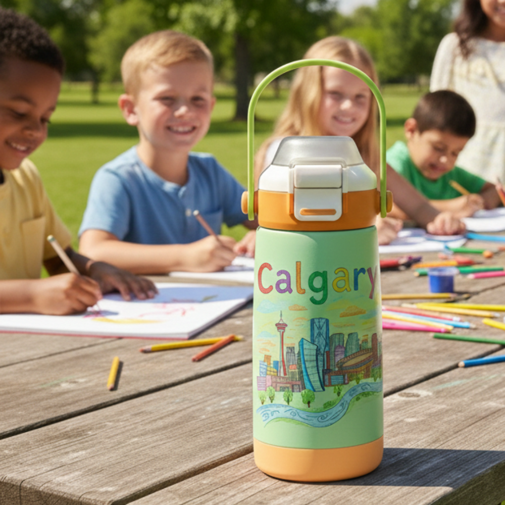 Light green stainless steel 14oz kids water bottle with orange accents featuring a colorful sketch of the Calgary skyline and river