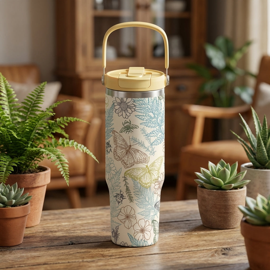 LAMOSE Cascade 40oz tumbler in off-white featuring artistic outlines of flowers, butterflies, and ladybugs with a bright yellow handle and lid sitting on a wooden table.
